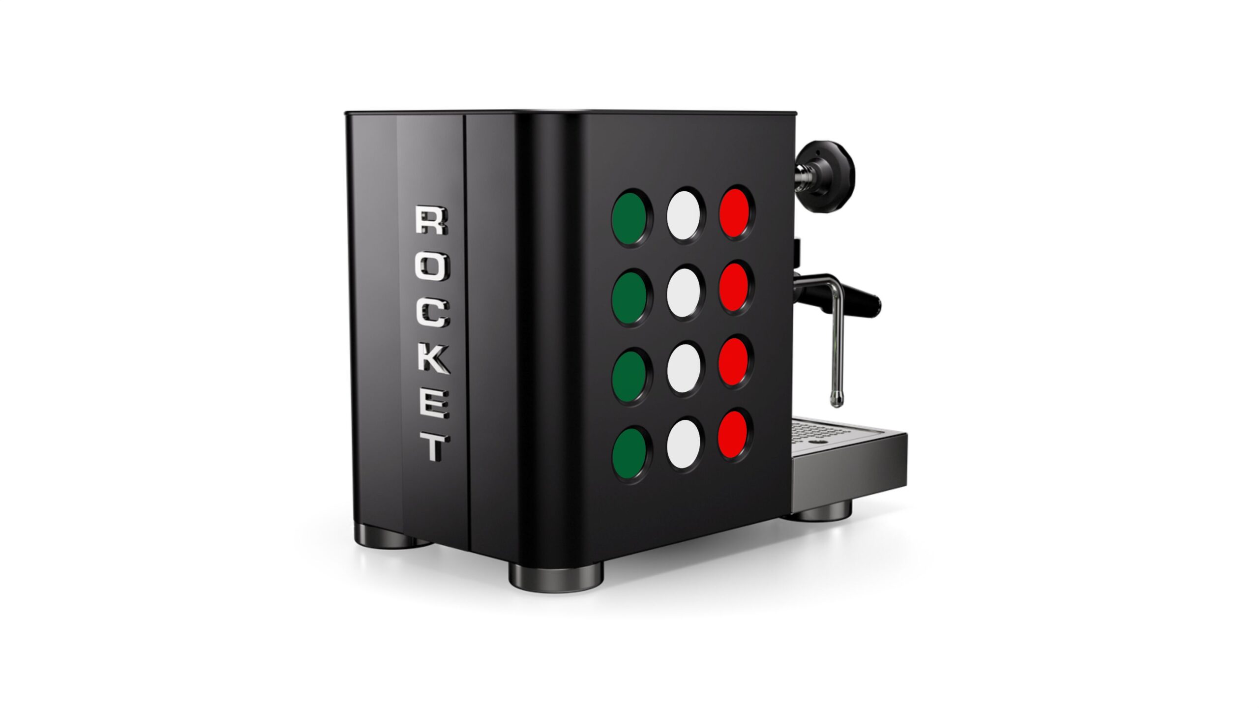 Rocket Espresso Milano APPARTAMENTO TCA Schwarz mit Punkten in Italienischer Flagge Frontansicht