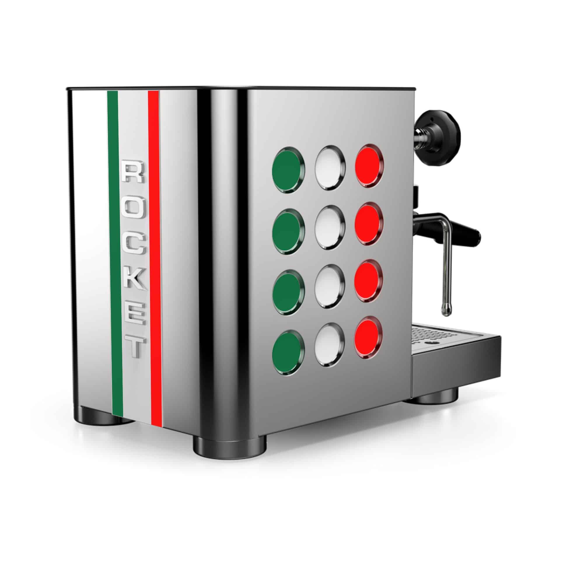 Rocket Espresso Milano APPARTAMENTO TCA Chrom mit Punkten in Italienischer Flagge Rückansicht mit Rocket Schriftzug
